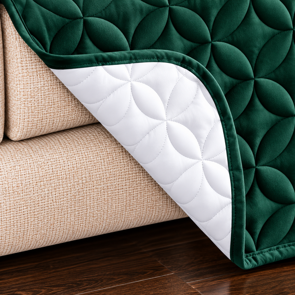 Reversible Emerald Green & White Quilted Sofa Cover – Elegant Geometric Stitching