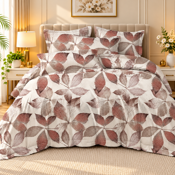 Elegant Autumn Leaf Bedsheet Set – Brown & Burgundy Botanical Print