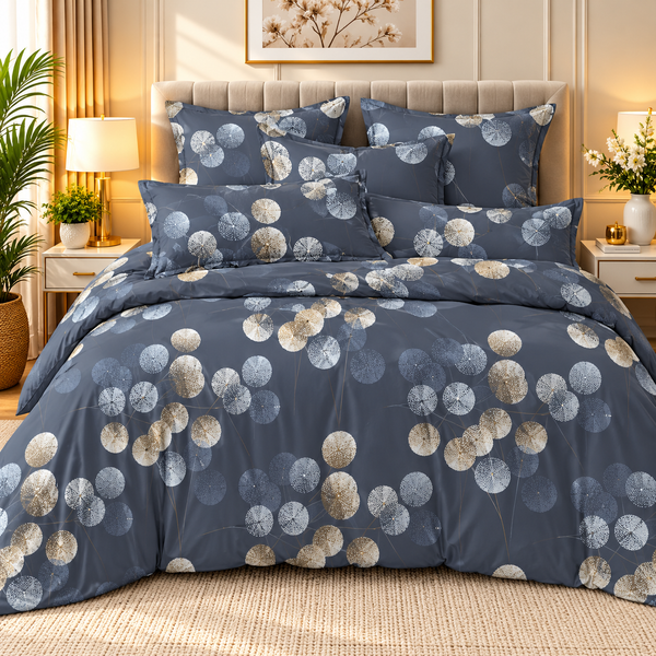 Charcoal Grey Geometric Bedsheet Set – Elegant White & Gold Circle Pattern