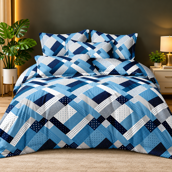 Modern Blue Geometric Bedsheet Set – Navy, Sky Blue & White Abstract Pattern