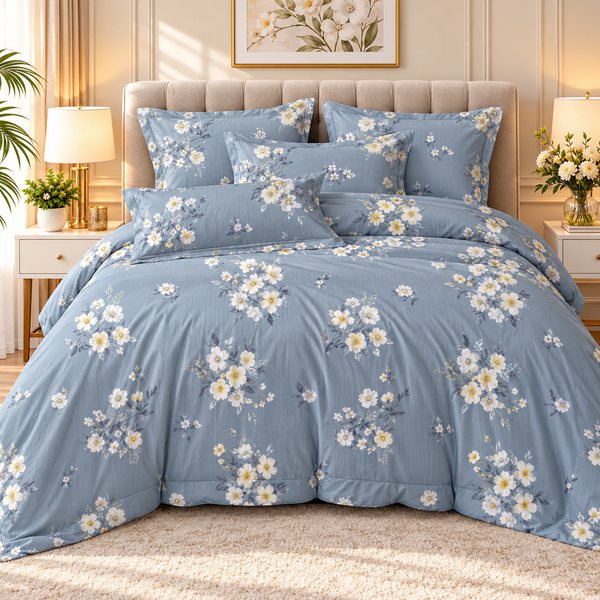 Elegant Dusty Blue Floral Bedsheet Set – White Blossom Print