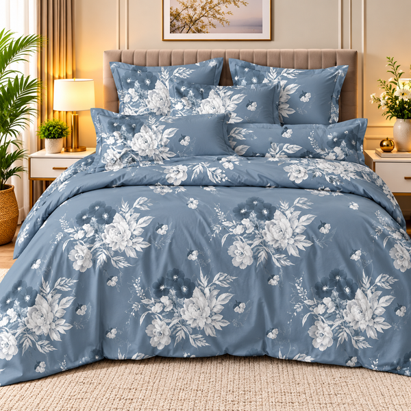 Blue Grey Floral Bedsheet Set – Elegant White Blossom Print