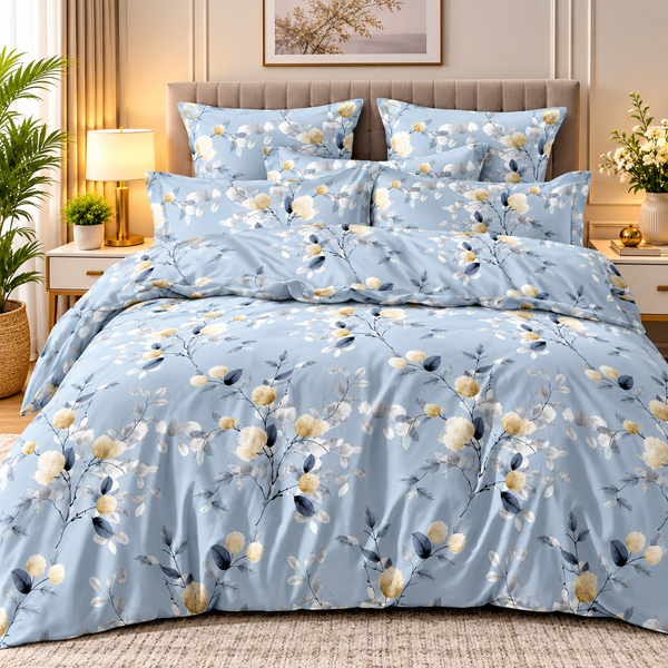 Elegant Light Blue Floral Bedsheet Set – Yellow & White Botanical Print