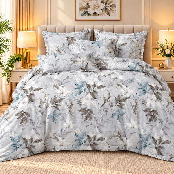 Elegant Botanical Floral Bedsheet Set – Grey & Blue Leaf Design