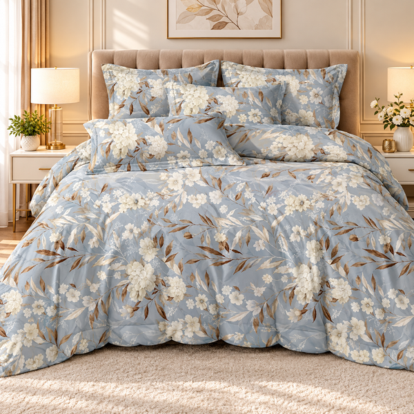 Elegant Blue Floral Bedsheet Set – White Blossom & Botanical Print