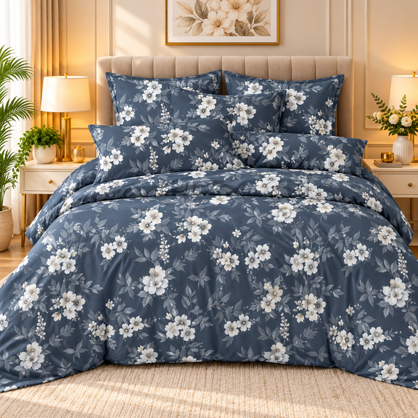 Elegant Navy Blue Floral Bedsheet Set – White Blossom Print
