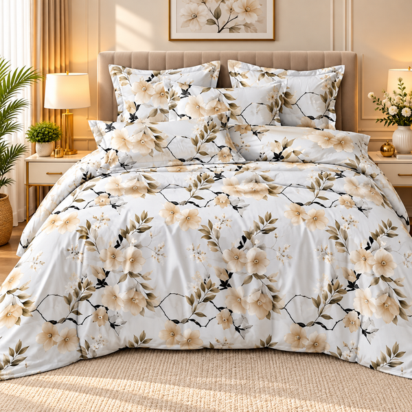 Elegant White & Beige Floral Bedsheet Set – Luxury Botanical Print