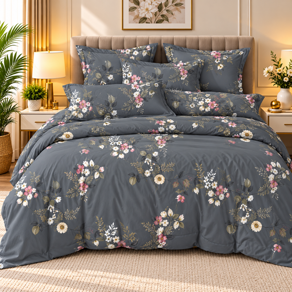Charcoal Grey Floral Bedsheet Set – Elegant Pink & White Blossom Print