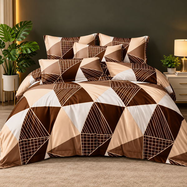 Modern Brown & Beige Geometric Bedsheet Set – Elegant Abstract Triangle Design