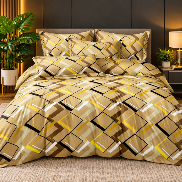 Luxury Beige & Gold Geometric Bedsheet Set – Modern Abstract Square Design