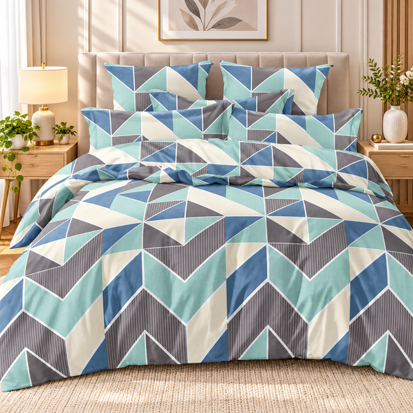 Modern Geometric Bedsheet Set – Teal, Blue & Grey Chevron Pattern
