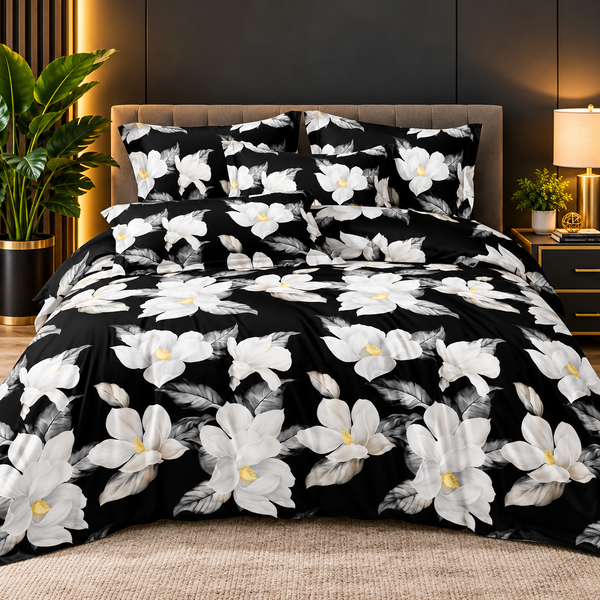 Luxury Black & White Floral Bedsheet Set – Elegant Large Flower Print