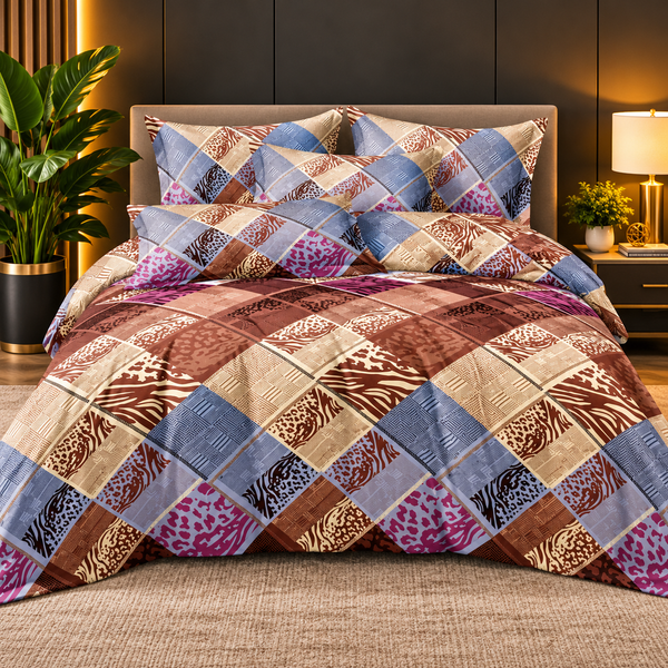 Multicolour Geometric Patchwork Bedsheet Set – Brown, Blue & Pink Design