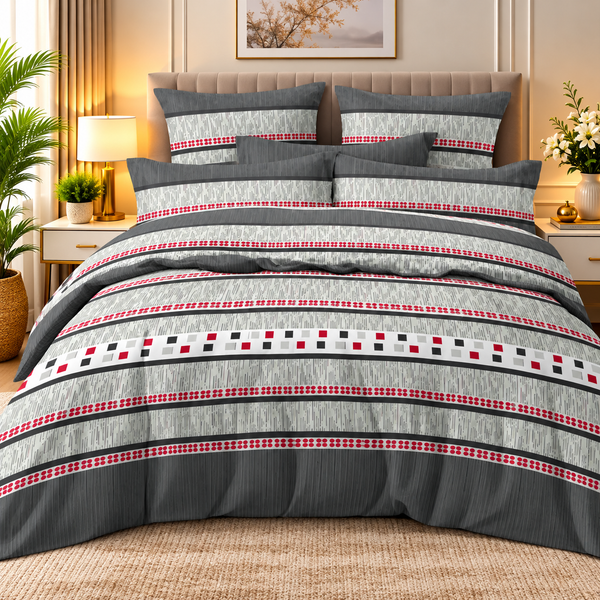 Modern Grey Striped Bedsheet Set – Red, White & Black Geometric Design