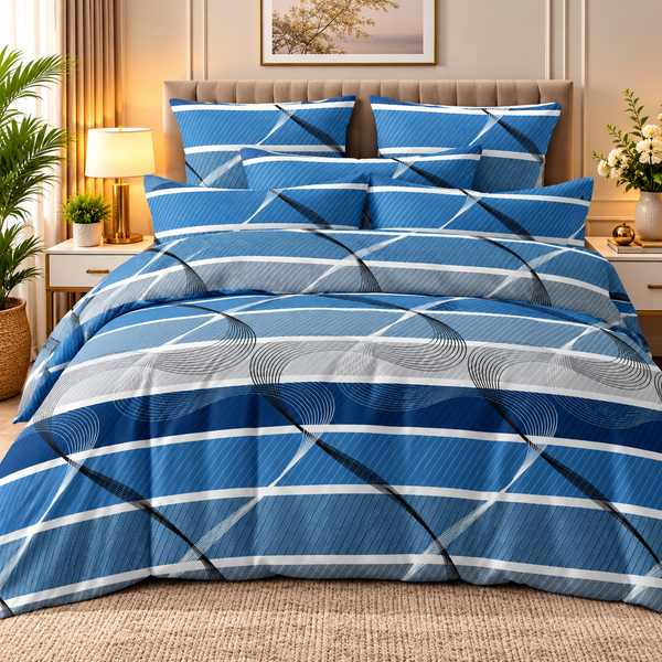 Modern Blue Striped Geometric Bedsheet Set – Contemporary Abstract Design