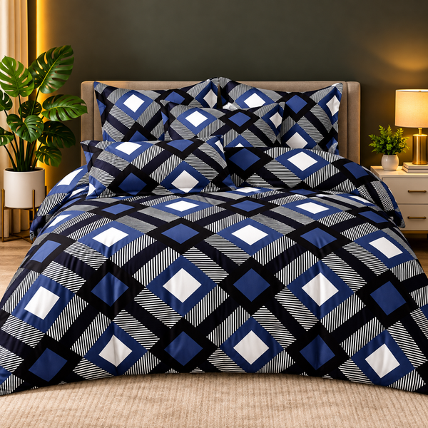 Modern Navy Blue & Black Geometric Bedsheet Set – Bold Diamond Pattern