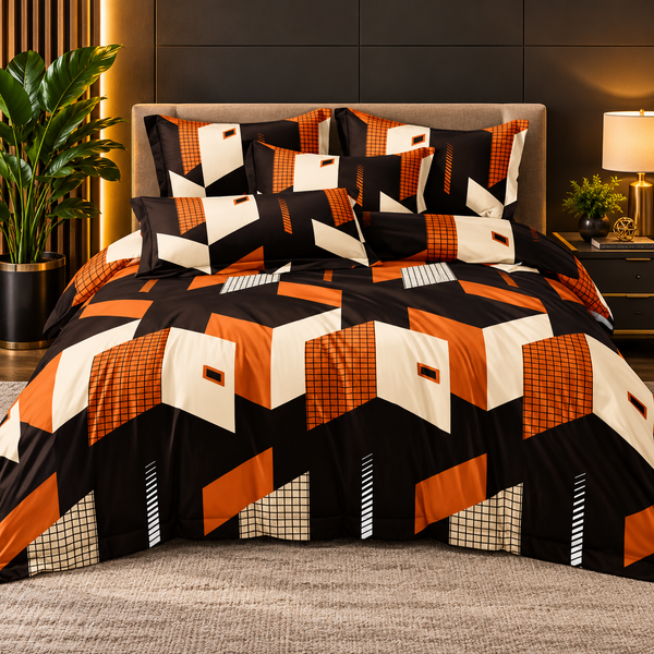 Modern Orange, Black & White Geometric Bedsheet Set – Bold Abstract Design