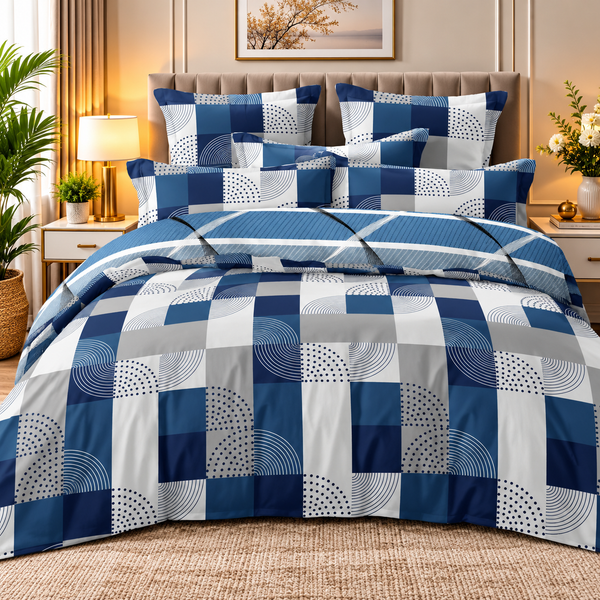 Modern Blue & White Geometric Bedsheet Set – Contemporary Patchwork Design