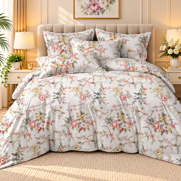 Elegant Floral Printed Bedsheet Set – White & Pink Rose Design