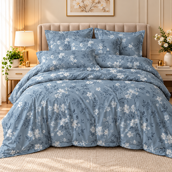 Blue Floral Bedsheet Set – Elegant White Flower & Botanical Print