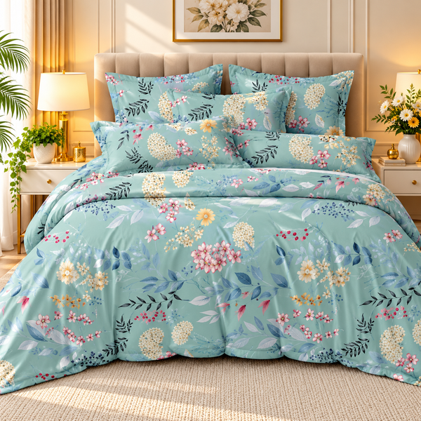 Elegant Mint Green Floral Bedsheet Set – Colourful Botanical Print