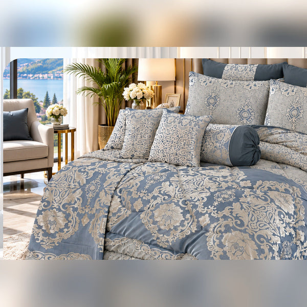 Compass Grey Jacquard Comforter Set - 9 Pcs
