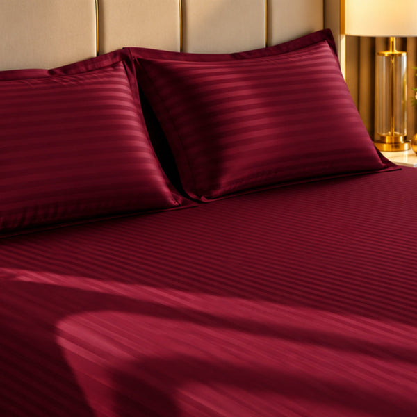 Coral Red Satin Stripe Fitted Sheet Set