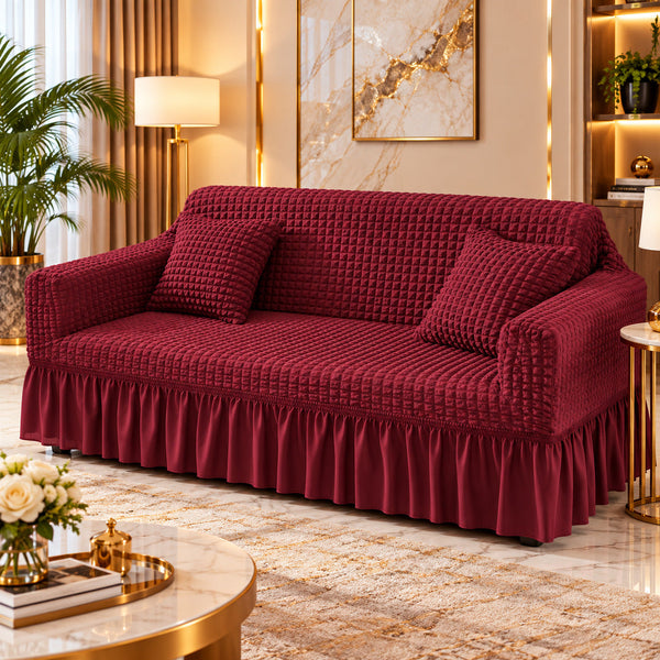 Garnet Maroon Bubble Sofa Cover with Frill