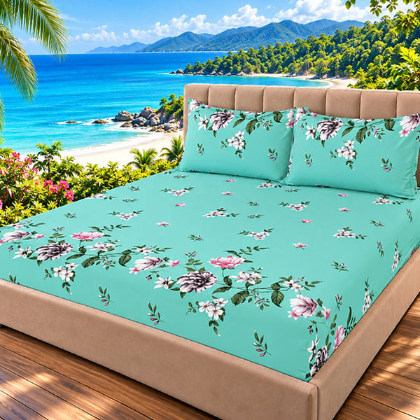 Aqua Peony Fitted Sheet Set - 3 Pcs