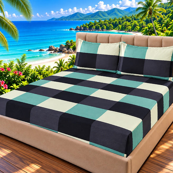 Teal Check Fitted Sheet Set - 3 Pcs