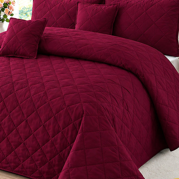 Burgundy Diamond Quilted Bedspread Set - 5 Pcs