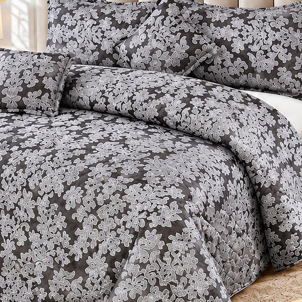 Charcoal Bloom Quilted Bedspread Set - 5 Pcs