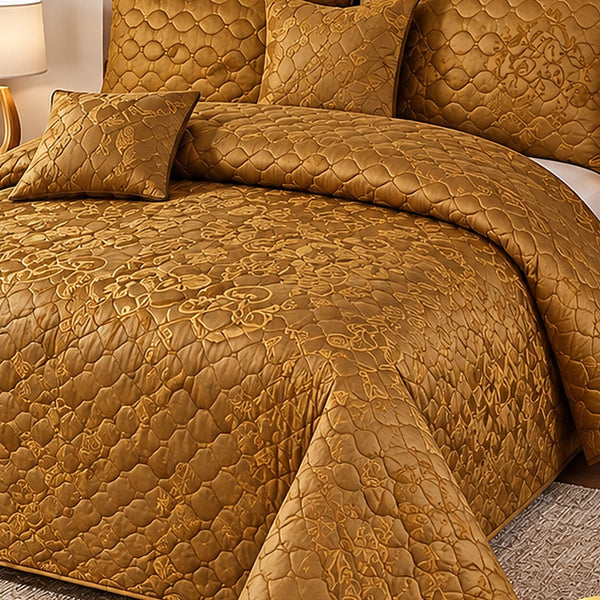 Honey Gold Satin Quilted Bedspread Set - 5 Pcs