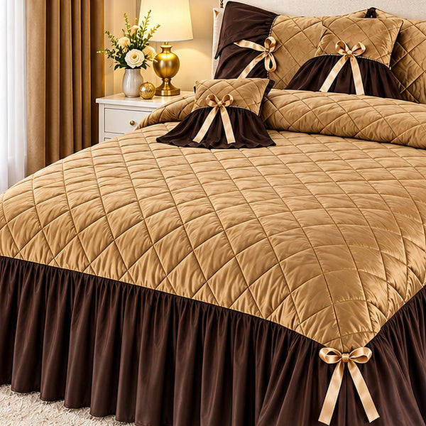 Caramel Gold Ribbon Velvet Bedspread Set - 5 Pcs