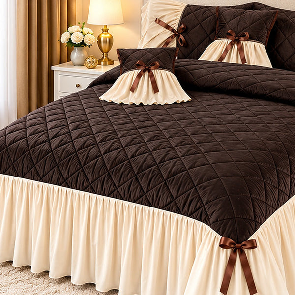 Cocoa Cream Ribbon Velvet Bedspread Set - 5 Pcs