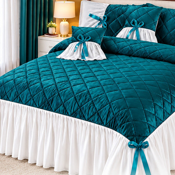 Peacock Ribbon Velvet Bedspread Set - 5 Pcs