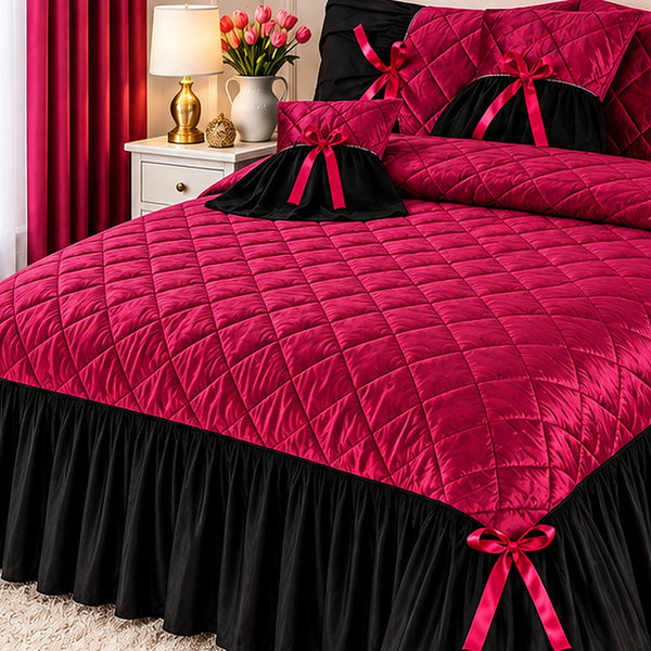 Ruby Noir Ribbon Velvet Bedspread Set - 5 Pcs