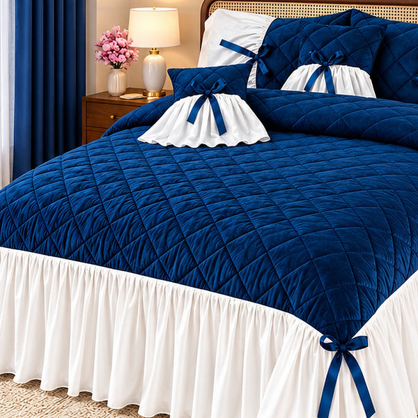Sapphire Ribbon Velvet Bedspread Set - 5 Pcs