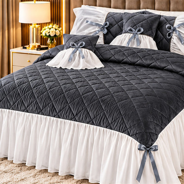 Slate Pearl Ribbon Velvet Bedspread Set - 5 Pcs
